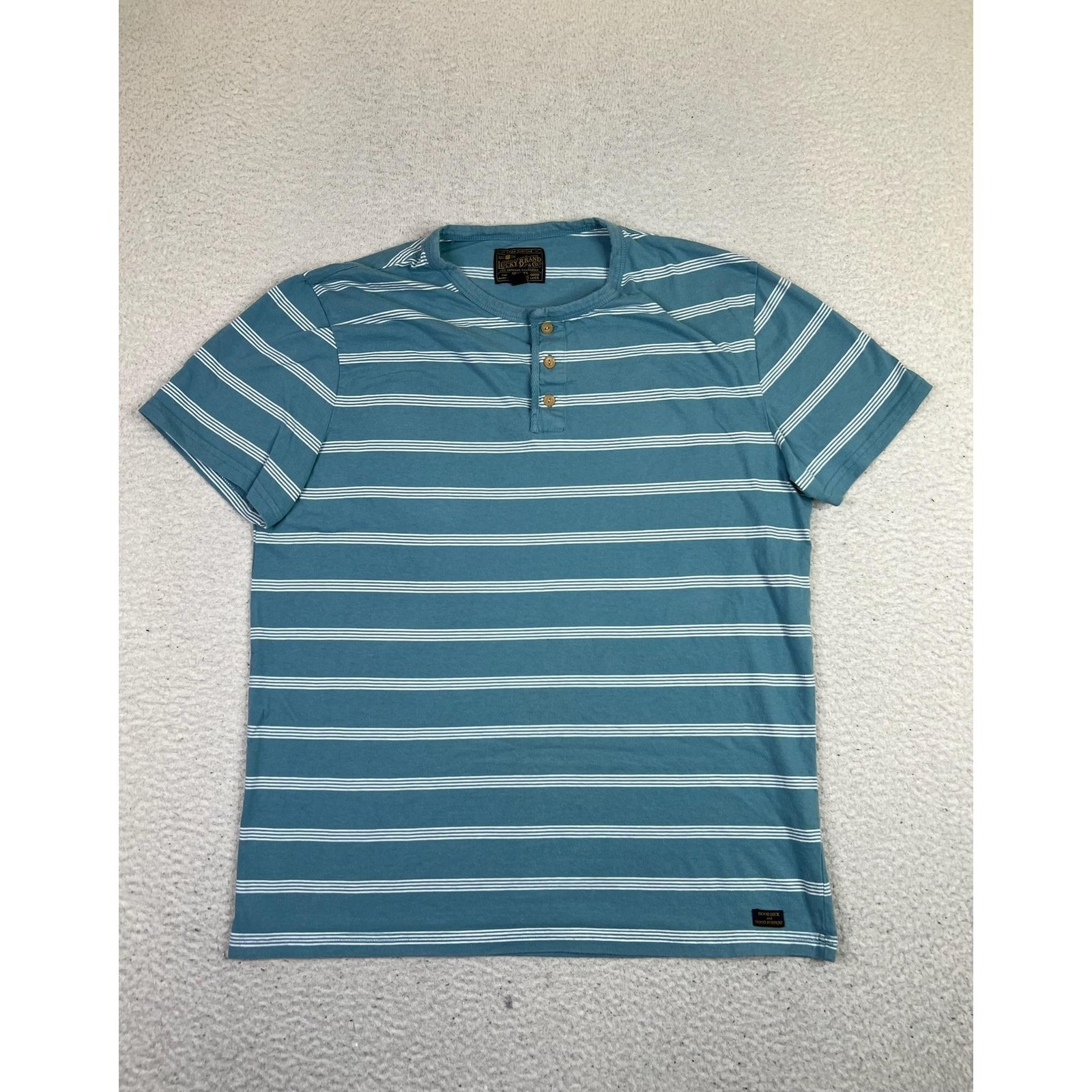 Lucky Brand Shirt Mens Large Blue White Stripe Henley Short Sleeve Cotton